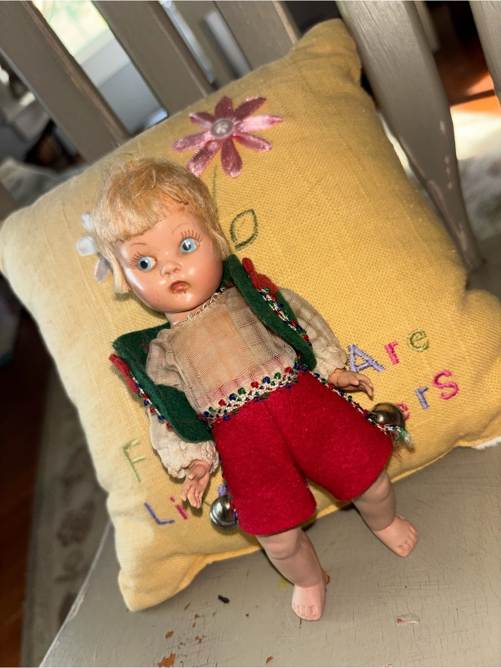 Vogue Blonde Doll BOY German with Red Shorts and Green Vest 6 in - Picture 2 of 7